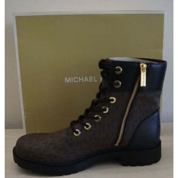 Michael Kors Women Sz 8M Brown/Blck Alistar Lace-Up Lug Sole Combat Booties $160 - Picture 4 of 8